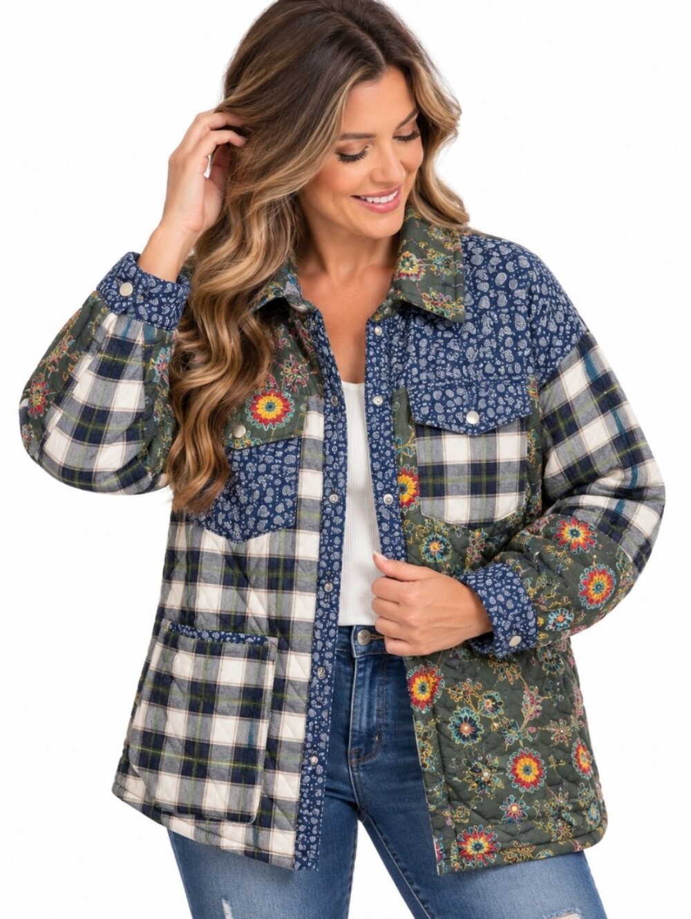 Avec Les Filles Patchwork Quilted Floral Plaid Shacket Jacket Large